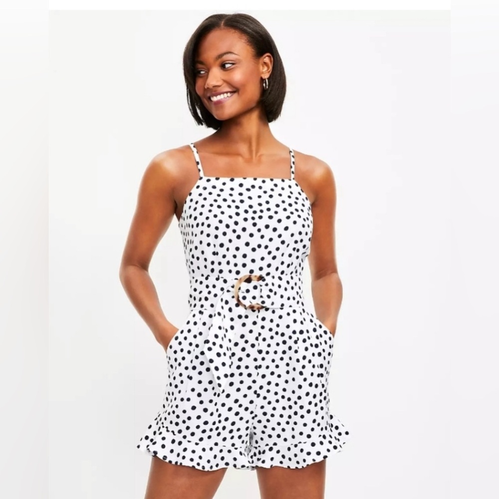 LOFT Linen Polka Dot Belted  Romper Size Medium -2453